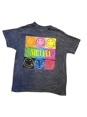 Nirvana Black Graphic Tee with Multi-Color Smiley Grid